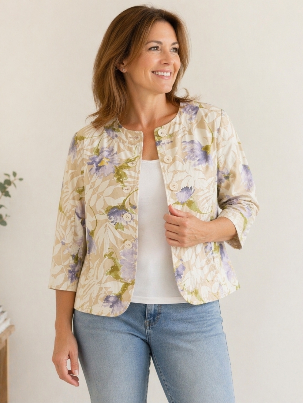 Coldwater Creek Floral Jacket Womens Size 16 Beige Purple Cotton Button Front